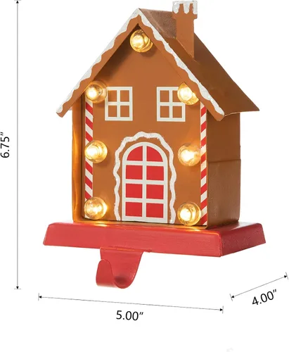 Vista 7 de Glitzhome Soporte para calcetines de Navidad, manto de jengibre iluminado con luces LED, colgador de calcetines de metal con marquesina iluminada