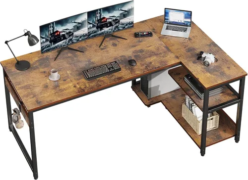 Vista 9 de Casaottima Escritorio para computadora en forma de L, escritorio de esquina pequeño de 40 pulgadas con estantes de almacenamiento y soporte de PC