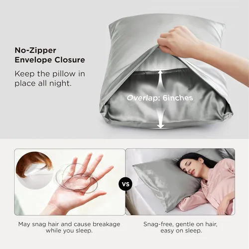 Vista 7 de Bedsure - Juego de fundas de almohada de satén tamaño king, 2 unidades - Fundas de almohada gris plateado para cabello y piel con cierre de sobre