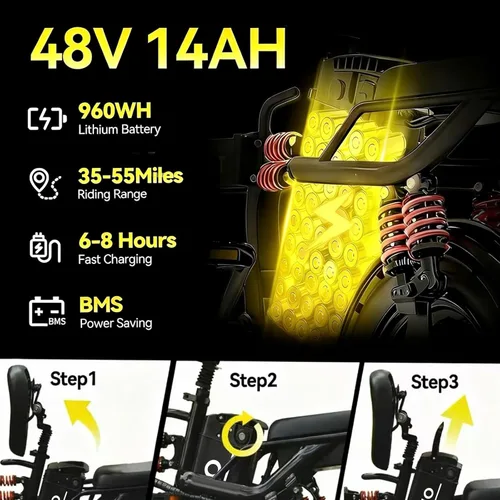 Vista 3 de DDC SPORT Folding Electric Bike, Peak 800W Motor 25MPH,48V 14Ah Removable Battery 55Miles Ebike,14'' Lightweight Adults Electric Bicycles for