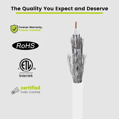 Vista 4 de trueCABLE RG6 Quad Shield Coaxial, 500 pies, blanco, clasificado para elevadores (CMR/CATVR/CL2), cable coaxial conductor de cobre desnudo, probado