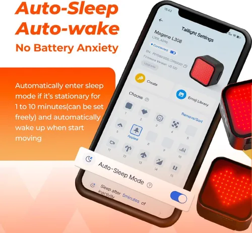 Vista 6 de Magene L308 Luz trasera inteligente para bicicleta, altamente personalizable, luz trasera de bicicleta ligera Bluetooth sin cable de carga, 96 luces