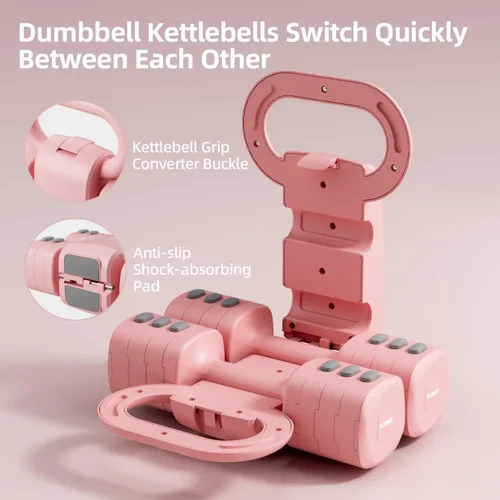 Vista 2 de Lightweight Adjustable Dumbbell Kettlebell Set - 4 in 1 Free Weight Set with Kettlebell Grip Converter, Each 2.2 3.3 4.4 5.5lb Quick Change