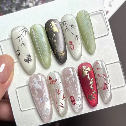 Vista 7 de 2 hojas de hojas de bambú de sauce para arte de uñas, estilo chino, 5D, calcomanías de uñas en relieve dorado, autoadhesivas para mujeres y niñas