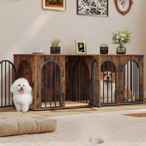Vista 17 de Hzuaneri 63" Mueble de jaula para perros para 2 perros, jaula de perro interior resistente con soporte para TV, jaula de madera para perros L