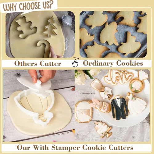Vista 2 de Flycalf Juego de 11 cortadores de galletas de amor con sello 3D de ácido poliláctico (PLA) para cocina, pastel, vestido de boda, formas de anillo