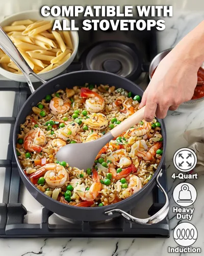 Vista 2 de Cooks Standard Sartén Profunda Antiadherente para Saltear de 4 Cuartos con Tapa, Sartén de Freír Profunda de 10.5 Pulgadas Utensilios de Cocina