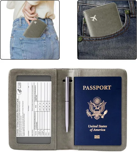 Vista 4 de Awalis Portatarjetas de pasaporte y vacuna Combo de bloqueo RFID, soporte para pasaporte con ranura para tarjeta de vacuna de 4.3 x 3.5 pulgadas