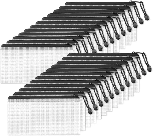 SUNEE Bolsa de malla de plástico con cremallera de 4.6 x 9.2 pulgadas (negro, 24 paquetes), pequeña bolsa con cremallera resistente al agua para