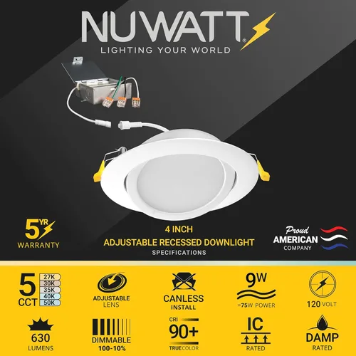 Vista 2 de NUWATT Iluminación empotrable LED cardán de 4 pulgadas, 5CCT 2700K/3000K/3500K/4000K/5000K seleccionable, 630 lúmenes, regulable, luces oculares