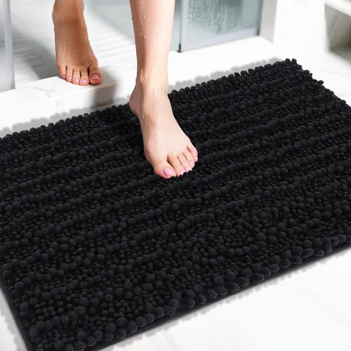 Yimobra Alfombras de Baño Antideslizantes Lavables Negras de 32 x 20 Pulgadas - Alfombra de Baño de Chenilla Ultra Suave y Absorbente, Alfombra de