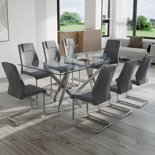 Vista 21 de Ebullient Moderno juego de mesa de comedor para 6, mesa de comedor de cristal de 71 pulgadas y patas de mesa de metal dorado, mesas de comedor