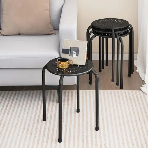 Vista 9 de Costway Daisy taburetes redondos de metal apilables sin respaldo, para cocina, jardín y sala (paquete de 6), Metal, Negro