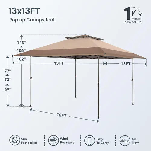 Vista 6 de PHI VILLA Carpa Toldo Desplegable de 13 x 13 pies, Toldo Instantáneo para Exteriores, Carpa Toldo Fácil de Un Empuje con Bolsa de Transporte
