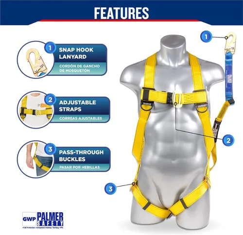 Vista 2 de Arnés de seguridad Palmer Safety con cordón desmontable de 6 pies Cordón de una sola pierna con absorción de impactos internos y gancho de cierre