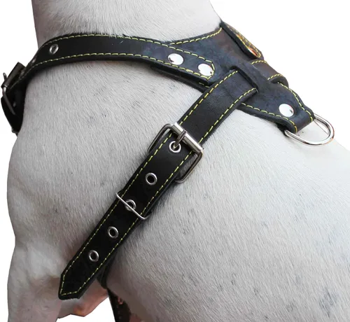 Vista 6 de Arnés de perro de cuero genuino negro, mediano pecho de 25.5 a 29 pulgadas, correas ajustables de 1 pulgada de ancho