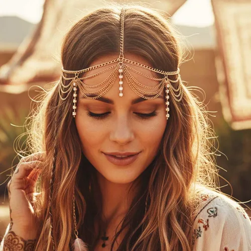Vista 3 de Catery Boho - Diadema con diamantes de imitación dorados, accesorios de joyería para el cabello de la boda de los años 20 para mujer