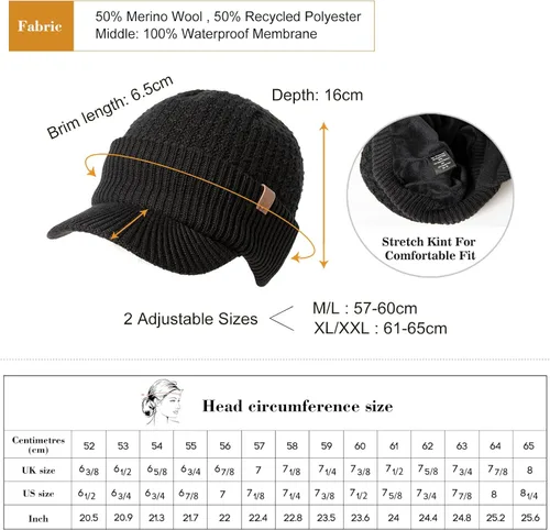 Vista 3 de LXLXXL 50% lana merinolana impermeable todo tipo de clima gorro forro polar