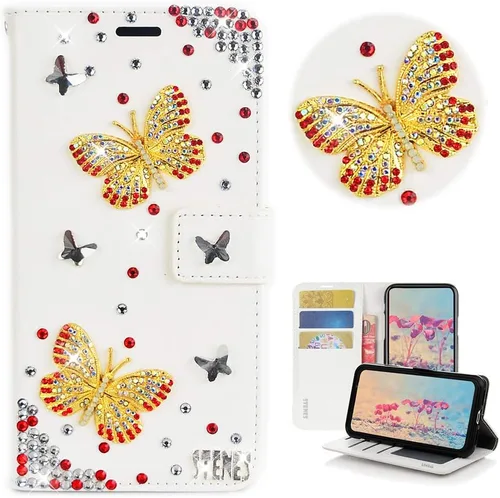 Vista 21 de Bling Wallet - Funda de piel compatible con iPhone 11, elegante, hecha a mano en 3D, diseño de mariposas y purpurina, color blanco