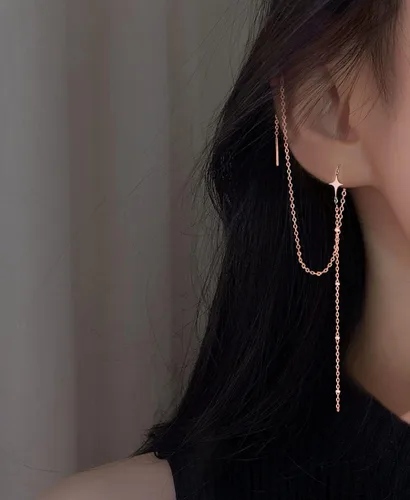 Vista 2 de SLUYNZ 925 Sterling Silver Star Long Dangle Earrings Chain for Women Teens Line Dangle Earrings Tassel Threader Chain