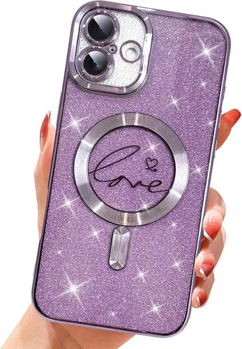 Vista 49 de Funda magnética transparente con purpurina para iPhone 14, compatible con Magsafe, diseño de corazón de amor, chapado de lujo, protector completo