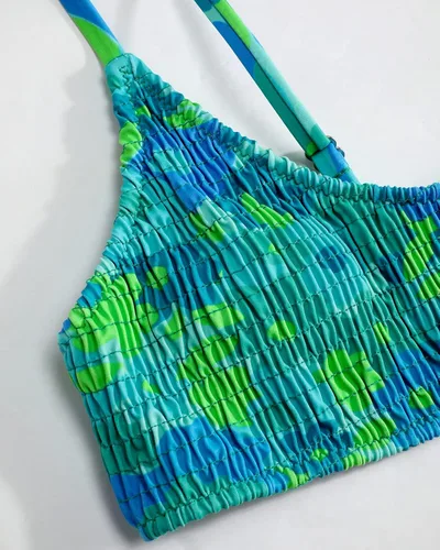 Vista 4 de VOLAFA Bikini triángulo para mujer, traje de baño de dos piezas con estampado de volantes, fruncido y elástico