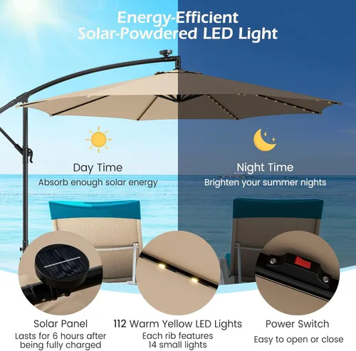 Vista 6 de Tangkula Sombrilla solar de 10 pies, sombrilla colgante inclinada en voladizo con 112 luces LED de lluvia de meteoros, con manivela, sombrilla