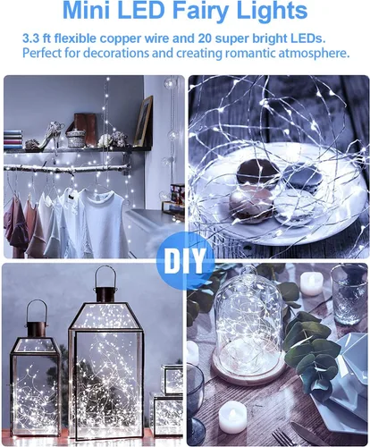 Vista 4 de Paquete de 20 Luces de Hadas a Batería de 3.3 pies, 20 LED Mini Cadena de Luces Parpadeantes de Alambre de Cobre Luciérnaga Estrellada para Frascos