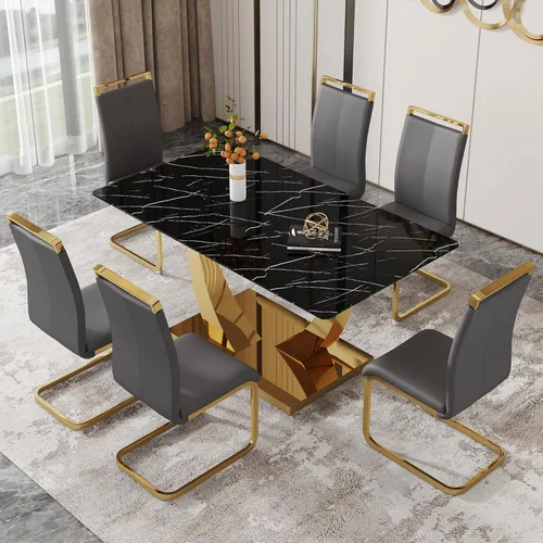 Vista 69 de Mesa de comedor moderna para mesa de comedor de mármol sintético de 4/6, 63 pulgadas, mesa de cocina rectangular, mesa de cocina y comedor de fácil