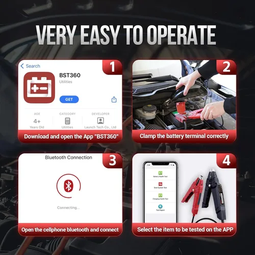 Vista 6 de Pruebador de Batería Launch, Clip de Prueba de Batería Bluetooth BST 360, Probador de Batería de Coche 12V con Sistema de Carga/Prueba de Arranque