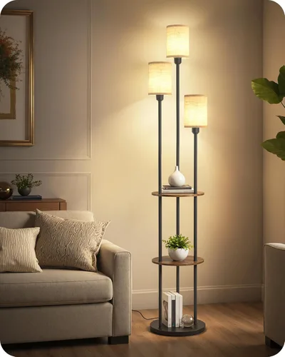 Vista 11 de Lámpara de pie con estantes, lámpara de pie bohemia con interruptor de pie, lámpara de pie de 3 luces, para sala de estar, dormitorio, estudio