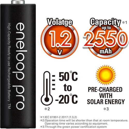 Vista 4 de Eneloop Panasonic BK-3HCCA4BA pro AA Baterías recargables precargadas Ni-MH de alta capacidad, paquete de 4, negro y batería recargable avanzada