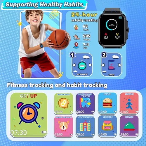 Vista 4 de Smart Watch for Kids Boys Age 5-12, Ai Functions Games HD Touch Screen Watches with Video Camera Music Player Pedometer Heart Rate Sleep Tracker