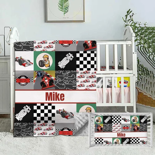 Vista 11 de Juego de ropa de cama personalizado para cuna de bebé, edredón de cuna con nombre personalizado, ropa de cama de guardería de vehículos de Vehículo