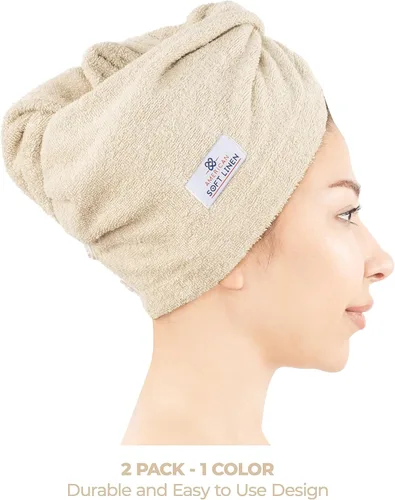 Vista 2 de American Soft Linen Toallas de pelo 100 % algodón para mujer, gorro de toalla de pelo, turbante de algodón para cabello largo y rizado Beige