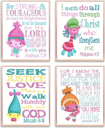 Trolls Christian Nursery Decor Set of 4 Unframed Prints - Poppy, Dj Suki, Cooper and Smidge with Bible Verses