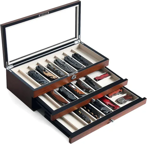 Vista 10 de Estuche de exhibición de cuchillos de dos niveles, caja de almacenamiento para cuchillos de bolsillo de 15 a 17 cuchillos de bolsillo, estuche