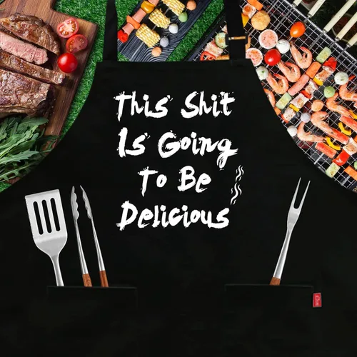 Vista 2 de Delantal divertido para barbacoa para hombres, delantal de chef con 2 bolsillos, correa ajustable para el cuello y lazos de 40 pulgadas de largo