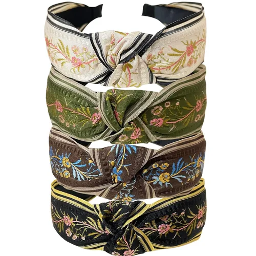 Jseng Diadema trenzada vintage hecha a mano, 4 piezas, tela bordada, nudo cruzado, aro elástico para el cabello, banda ancha para el cabello para