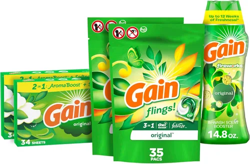 Vista 10 de Gain Paquete de lavandería: paquetes de detergente para ropa Gain Flings (2 x 35 quilates), hojas de secadora (2 x 34 ct), perlas de refuerzo