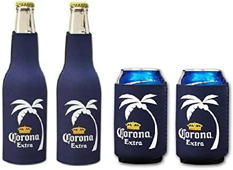 Corona Extra Palm - Juego de 4 botellas de cerveza con soporte para enfriar y latas de cerveza, Kaddy Huggie