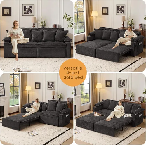 Vista 4 de SUNWAVE - Sofá cama extraíble de tamaño king de 83 pulgadas, sofá cama convertible 4 en 1 con puertos USB, portavasos, bolsillos laterales, sofá