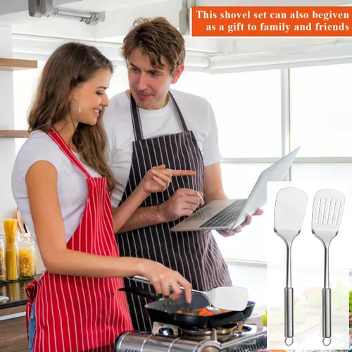 Vista 7 de Juego de espátulas de acero inoxidable, espátula ranurada plateada, espátula de cocina resistente, resistente al calor, utensilios de cocina ideales