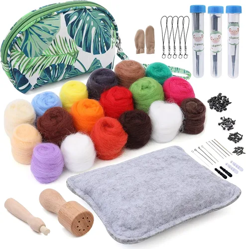 IMZAY Kit de fieltro de aguja, kit de iniciación de fieltro de aguja con exquisita bolsa de almacenamiento verde, juego de 18 colores de lana, kit