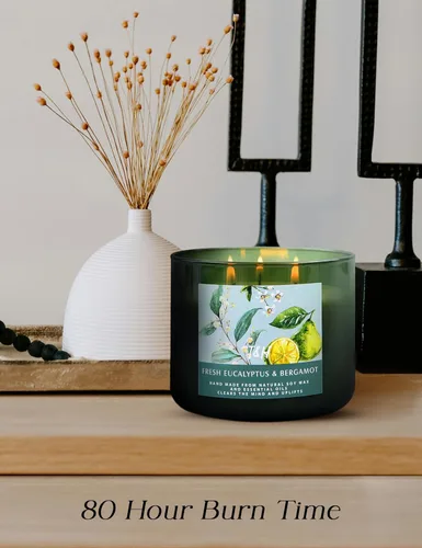 Vista 7 de Vela de eucalipto y bergamota de 3 mechas para el hogar perfumada Vela de soja grande de 15.8 onzas Velas de aromaterapia de spa para aliviar