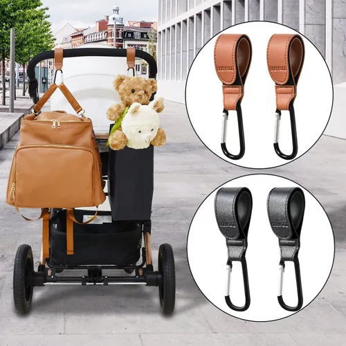 Vista 6 de Ganchos para colgar cochecito, 2 correas de clip de cuero duraderas estilo cochecito, ganchos para cochecito de bebé para bolsas de pañales, bolsas
