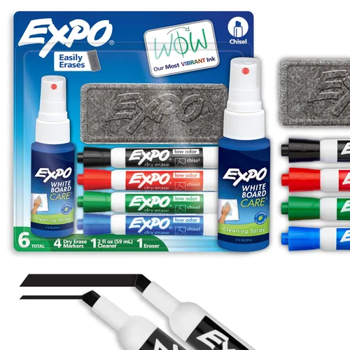 EXPO Kit de marcadores de borrado en seco, punta de cincel, colores surtidos, borrador, limpiador en aerosol, 6 unidades, pizarra blanca,