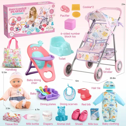 Vista 3 de YIYBM Juego de Cochecito de Muñeca Bebé con Muñeca Bebé de 12.5", Silla de Comedor, 2 Juegos de Ropa y 20 PCS Accesorios para Muñecas. Juguete
