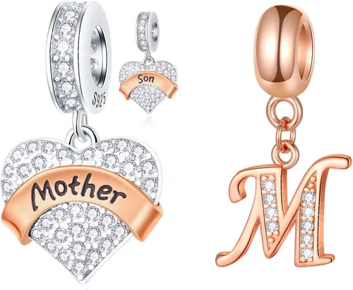 Juego de dijes para madres que se adapta a collar de pulsera Pandora, dijes de letra M y brillantes dijes colgantes para madre e hijo, juego de