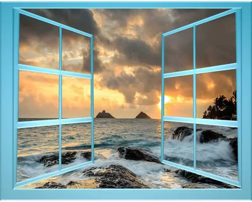 Vista 26 de Pegatinas con vista al mar y al cielo para pared de cuarto, efecto 3D para ventana, estilo bohemio, decoración de pared, aula (ancho) 31.5 pulgadas
